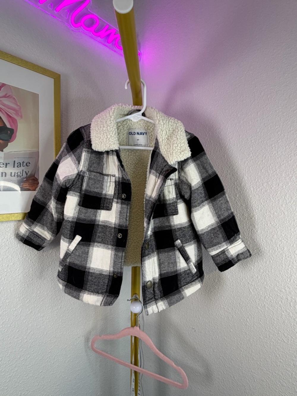 Old Navy Kids' Black & White Plaid Sherpa-Lined Jacket 2T